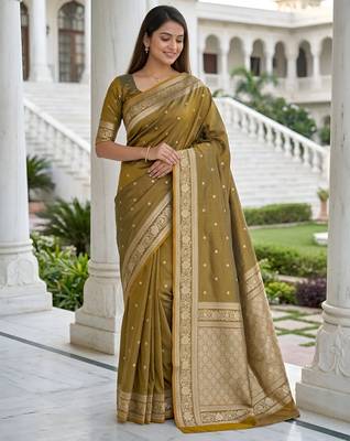 Light gold color silk blend zari woven work sari -un stitched blouse 1