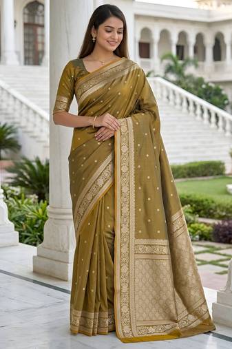 Light gold color silk blend zari woven work sari -un stitched blouse