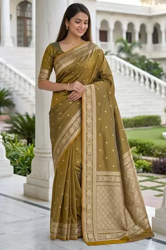 Light gold color silk blend zari woven work sari -un stitched blouse
