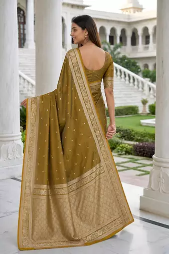 Light gold color silk blend zari woven work sari -un stitched blouse