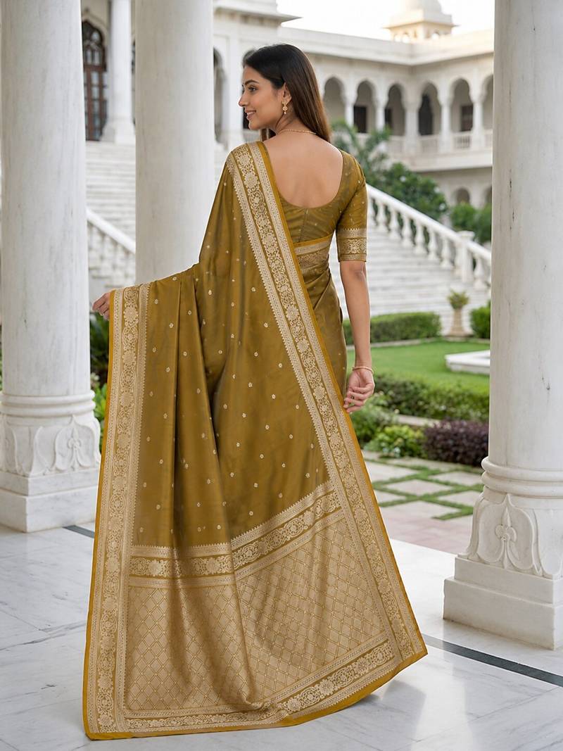 Light gold color silk blend zari woven work sari -un stitched blouse