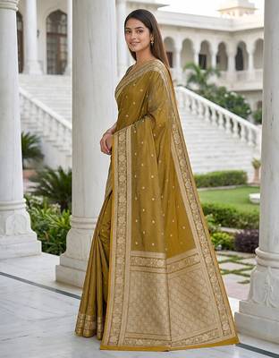 Light gold color silk blend zari woven work sari -un stitched blouse 3