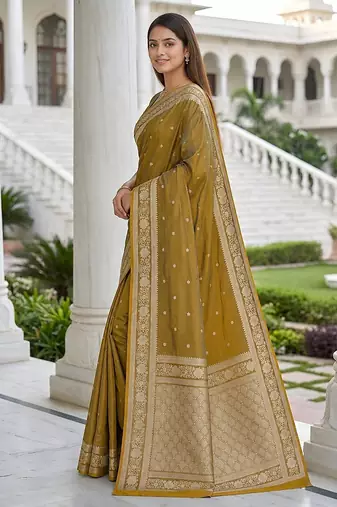 Light gold color silk blend zari woven work sari -un stitched blouse