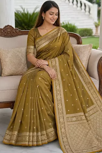 Light gold color silk blend zari woven work sari -un stitched blouse
