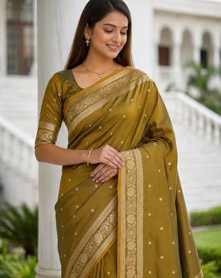 Light gold color silk blend zari woven work sari -un stitched blouse 5