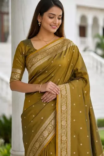 Light gold color silk blend zari woven work sari -un stitched blouse