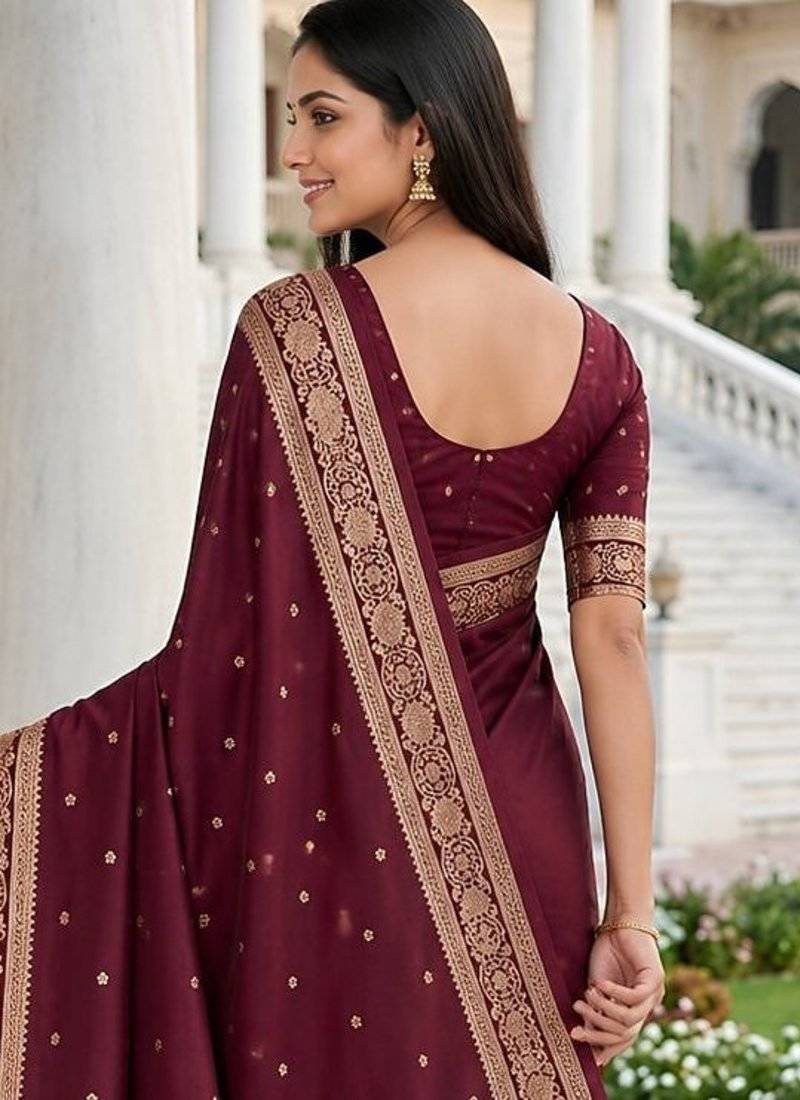 Purple color silk blend zari woven work sari -un stitched blouse