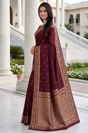 Purple color silk blend zari woven work sari -un stitched blouse