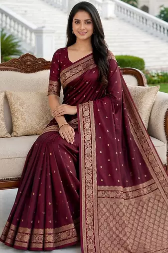 Purple color silk blend zari woven work sari -un stitched blouse