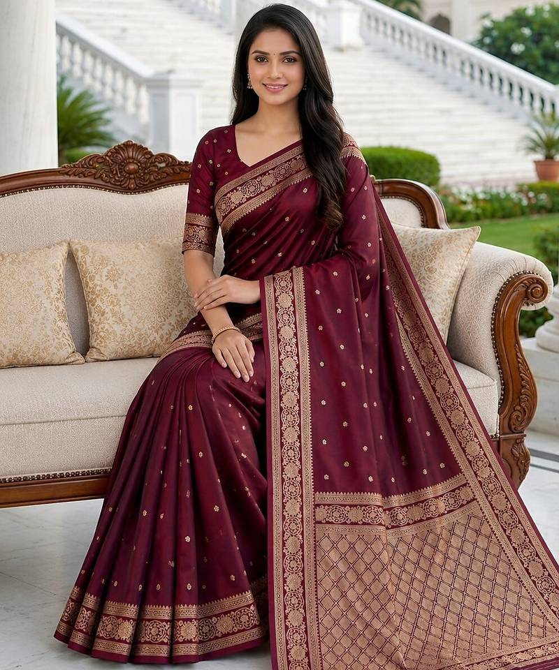 Purple color silk blend zari woven work sari -un stitched blouse