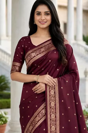Purple color silk blend zari woven work sari -un stitched blouse