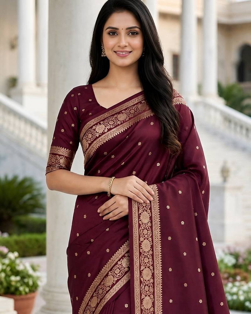 Purple color silk blend zari woven work sari -un stitched blouse