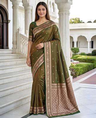 Mehendi color silk blend zari woven work sari -un stitched blouse 1