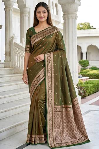 Mehendi color silk blend zari woven work sari -un stitched blouse