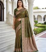 Mehendi color silk blend zari woven work sari -un stitched blouse