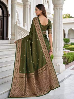Mehendi color silk blend zari woven work sari -un stitched blouse 2
