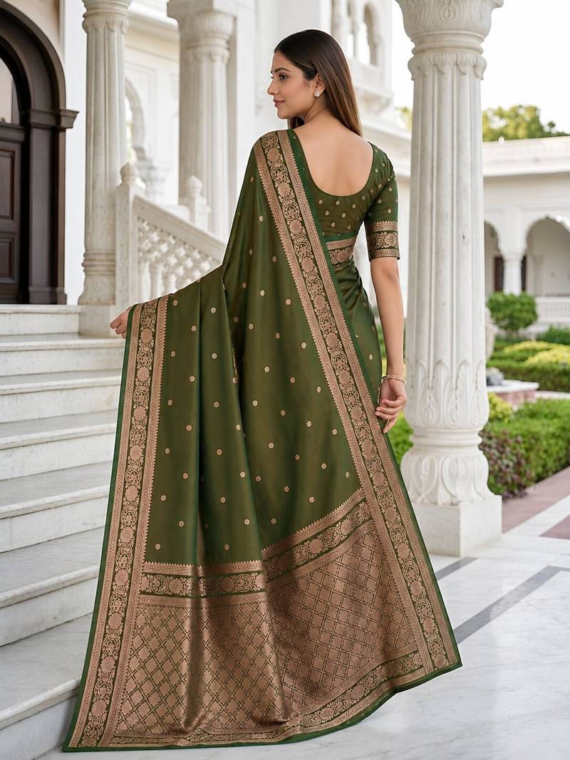 Mehendi color silk blend zari woven work sari -un stitched blouse