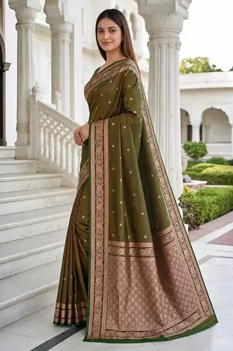 Mehendi color silk blend zari woven work sari -un stitched blouse