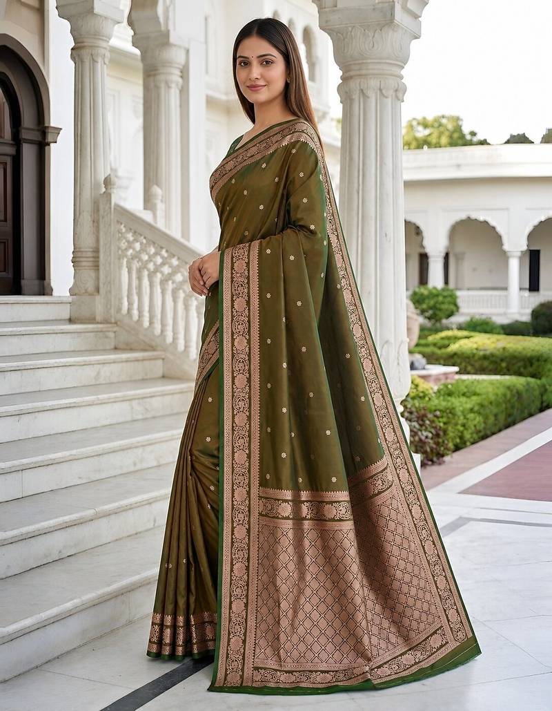 Mehendi color silk blend zari woven work sari -un stitched blouse