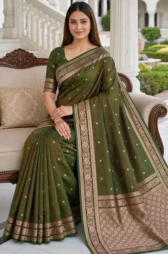 Mehendi color silk blend zari woven work sari -un stitched blouse