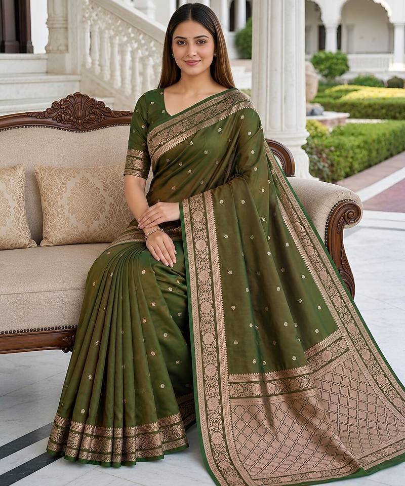 Mehendi color silk blend zari woven work sari -un stitched blouse