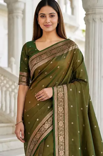 Mehendi color silk blend zari woven work sari -un stitched blouse