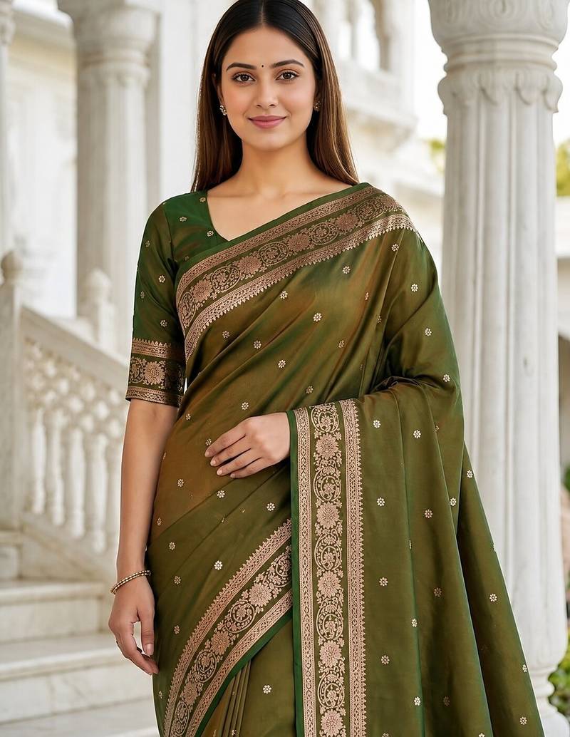 Mehendi color silk blend zari woven work sari -un stitched blouse