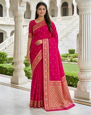 Rani color silk blend zari woven work sari -un stitched blouse 1
