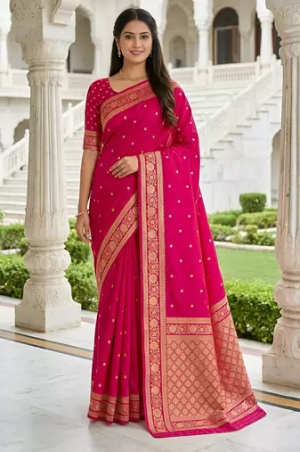 Rani color silk blend zari woven work sari -un stitched blouse