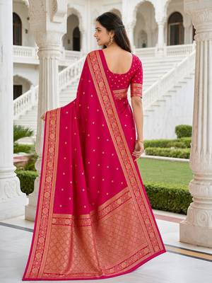 Rani color silk blend zari woven work sari -un stitched blouse 2