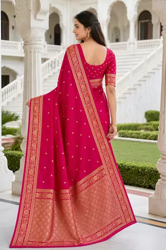 Rani color silk blend zari woven work sari -un stitched blouse