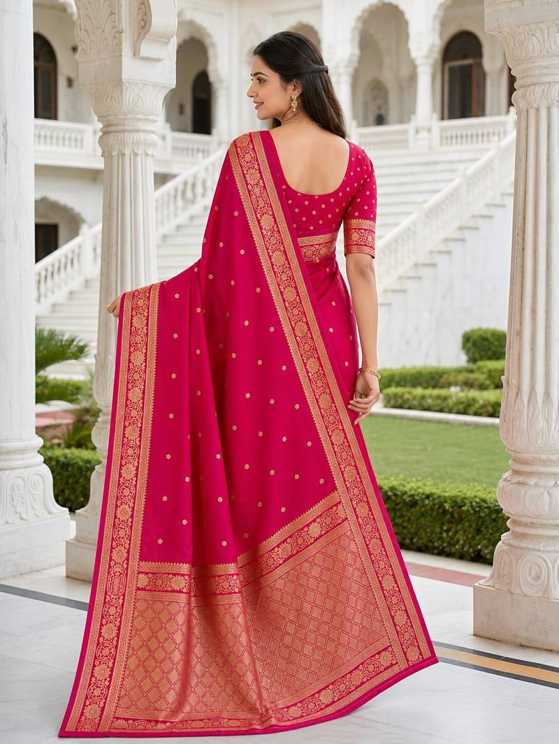 Rani color silk blend zari woven work sari -un stitched blouse