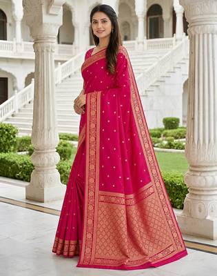 Rani color silk blend zari woven work sari -un stitched blouse 3