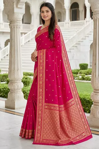 Rani color silk blend zari woven work sari -un stitched blouse
