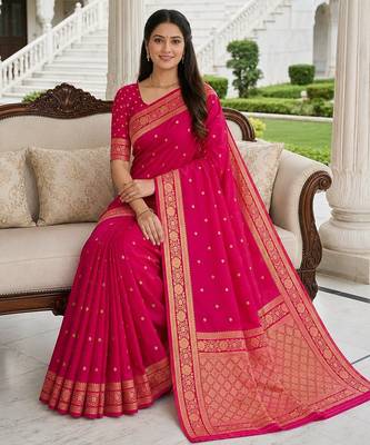 Rani color silk blend zari woven work sari -un stitched blouse 4