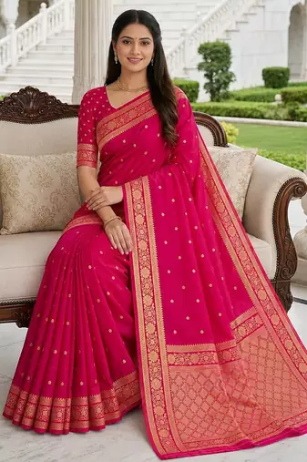 Rani color silk blend zari woven work sari -un stitched blouse