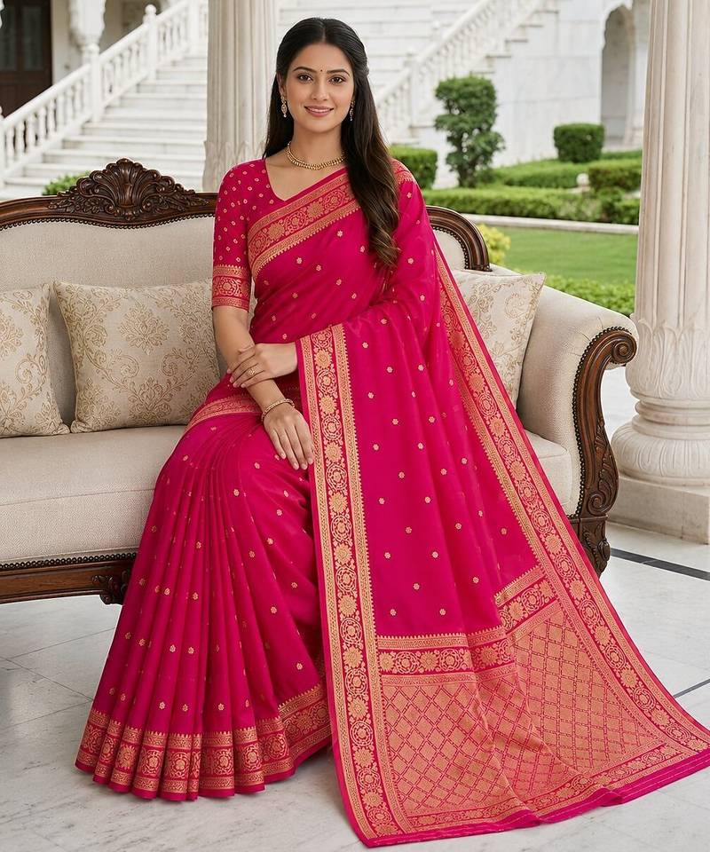 Rani color silk blend zari woven work sari -un stitched blouse