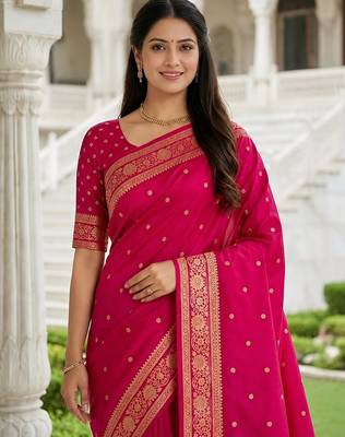 Rani color silk blend zari woven work sari -un stitched blouse 5