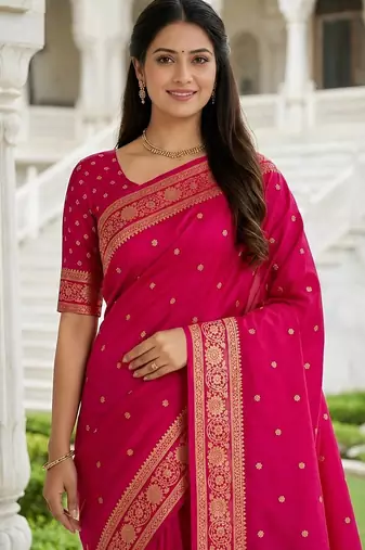 Rani color silk blend zari woven work sari -un stitched blouse