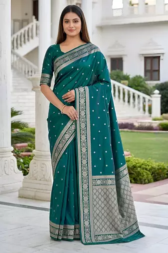 Sea green color silk blend zari woven work sari -un stitched blouse