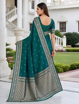 Sea green color silk blend zari woven work sari -un stitched blouse 2