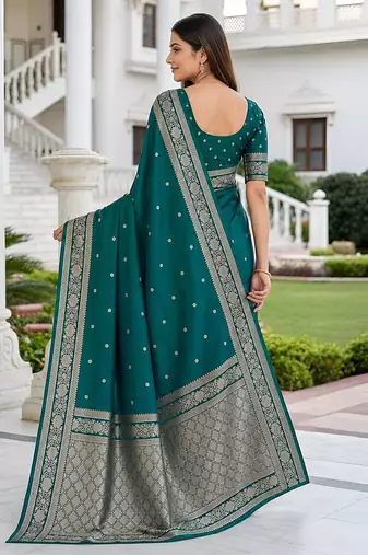 Sea green color silk blend zari woven work sari -un stitched blouse