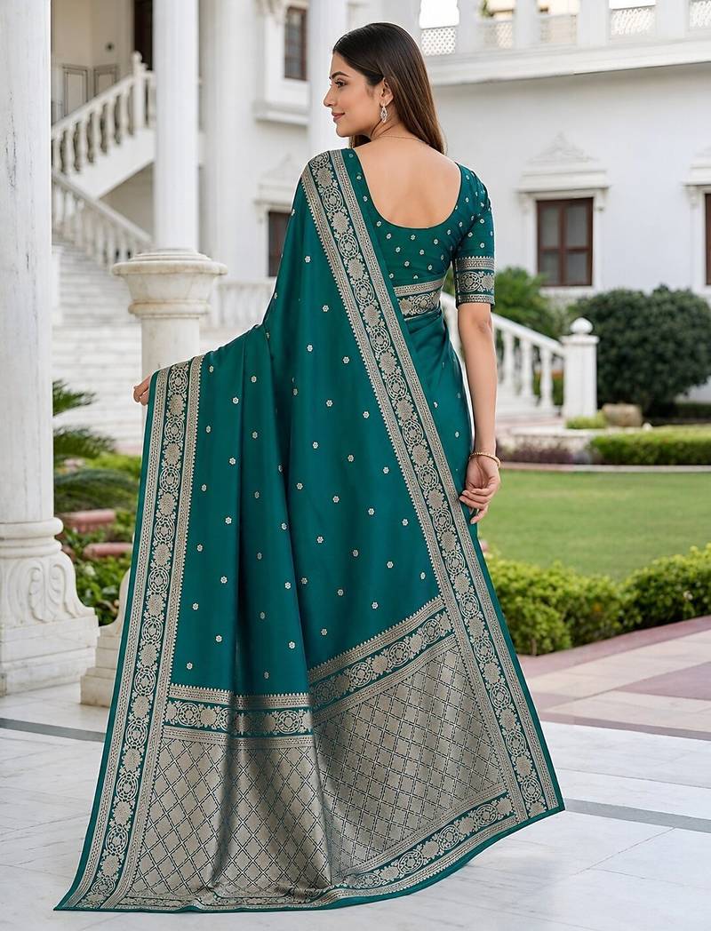 Sea green color silk blend zari woven work sari -un stitched blouse