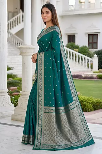 Sea green color silk blend zari woven work sari -un stitched blouse