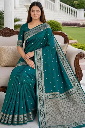 Sea green color silk blend zari woven work sari -un stitched blouse