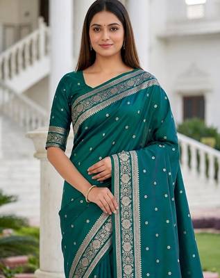 Sea green color silk blend zari woven work sari -un stitched blouse 5