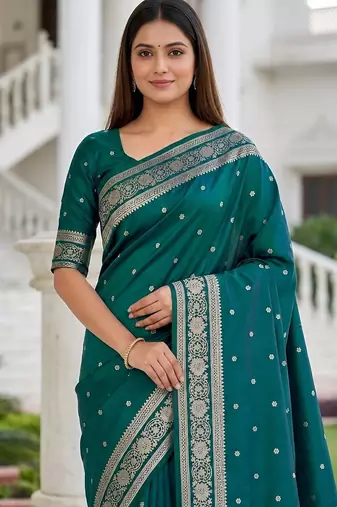 Sea green color silk blend zari woven work sari -un stitched blouse