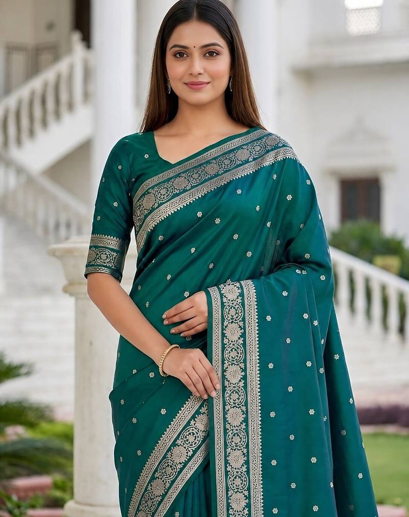 Sea green color silk blend zari woven work sari -un stitched blouse