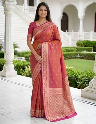 Peach color silk blend zari woven work sari -un stitched blouse 1