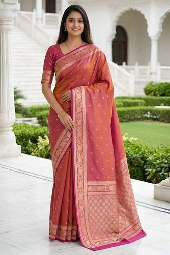 Peach color silk blend zari woven work sari -un stitched blouse